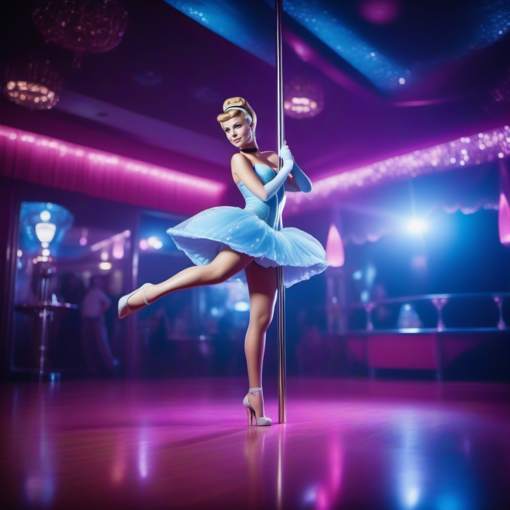 cinematic photo a full body cinderella poledancing in a stripclub <lora:Cinderella1024:0.8> . 35mm photograph, film, bokeh, professional, 4k, highly detailed