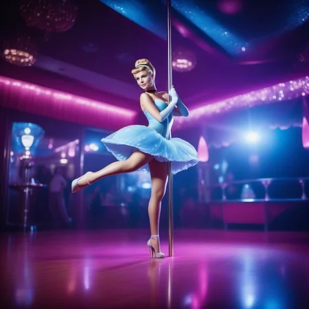 cinematic photo a full body cinderella poledancing in a stripclub <lora:Cinderella1024:0.8> . 35mm photograph, film, bokeh, professional, 4k, highly detailed