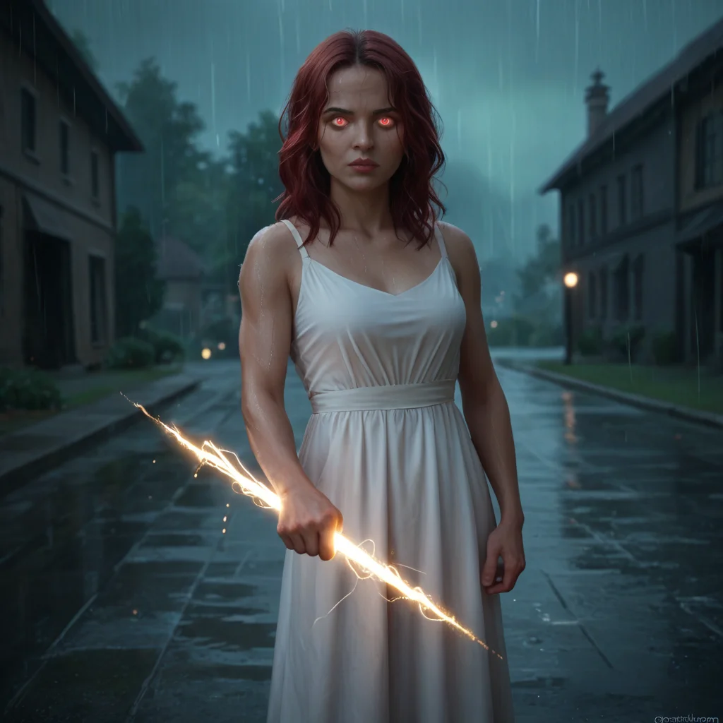 score_9_up, score_8_up, BREAK, holdingzeusthunderbolt, holding thunderbolt, 1girl, red hair, glowing eyes, no pupils, white dress, cowboy shot, <lora:HoldingZeusThunderBolt_PXL_Leaf1:1>, light particles, cinematic lighting, movie still, outdoors, rain,