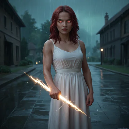 score_9_up, score_8_up, BREAK, holdingzeusthunderbolt, holding thunderbolt, 1girl, red hair, glowing eyes, no pupils, white dress, cowboy shot, <lora:HoldingZeusThunderBolt_PXL_Leaf1:1>, light particles, cinematic lighting, movie still, outdoors, rain,