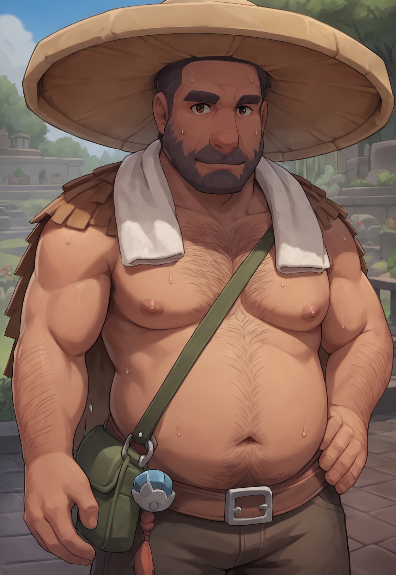 safe_pos, score_9, score_8_up, source_anime, cartoon, Zeke, beard, facial hair, grey hair, brown eyes, straw hat, straw cape, towel, satchel, fat, muscular, hairy, garden, front view, smile, topless, hairy chest, very hairy chest, sweat, dynamic pose, hand on hip,