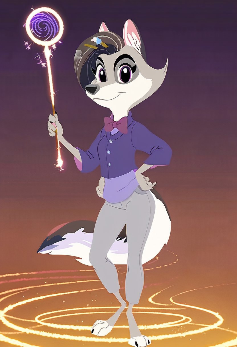 score_9,score_8,score_7,source_furry,
v10l3tw0lf,
furry female, violet_wolf, violet_wolf_great_wolf_lodge, wolf girl, female, 1girl, solo, tail, animal ears, furry, claws, hair ornament, looking at viewer, purple eyes, game show, game show background, multicolored hair, hairclip, body fur, artist name, barefoot, purple shirt, safe, magician, holding a wand, holding a magic wand, wand, hat, magic, magic show, grey pants, purple shirt, red bowtie, official art, official style, Stable_Yogis_PDXL_Positives,