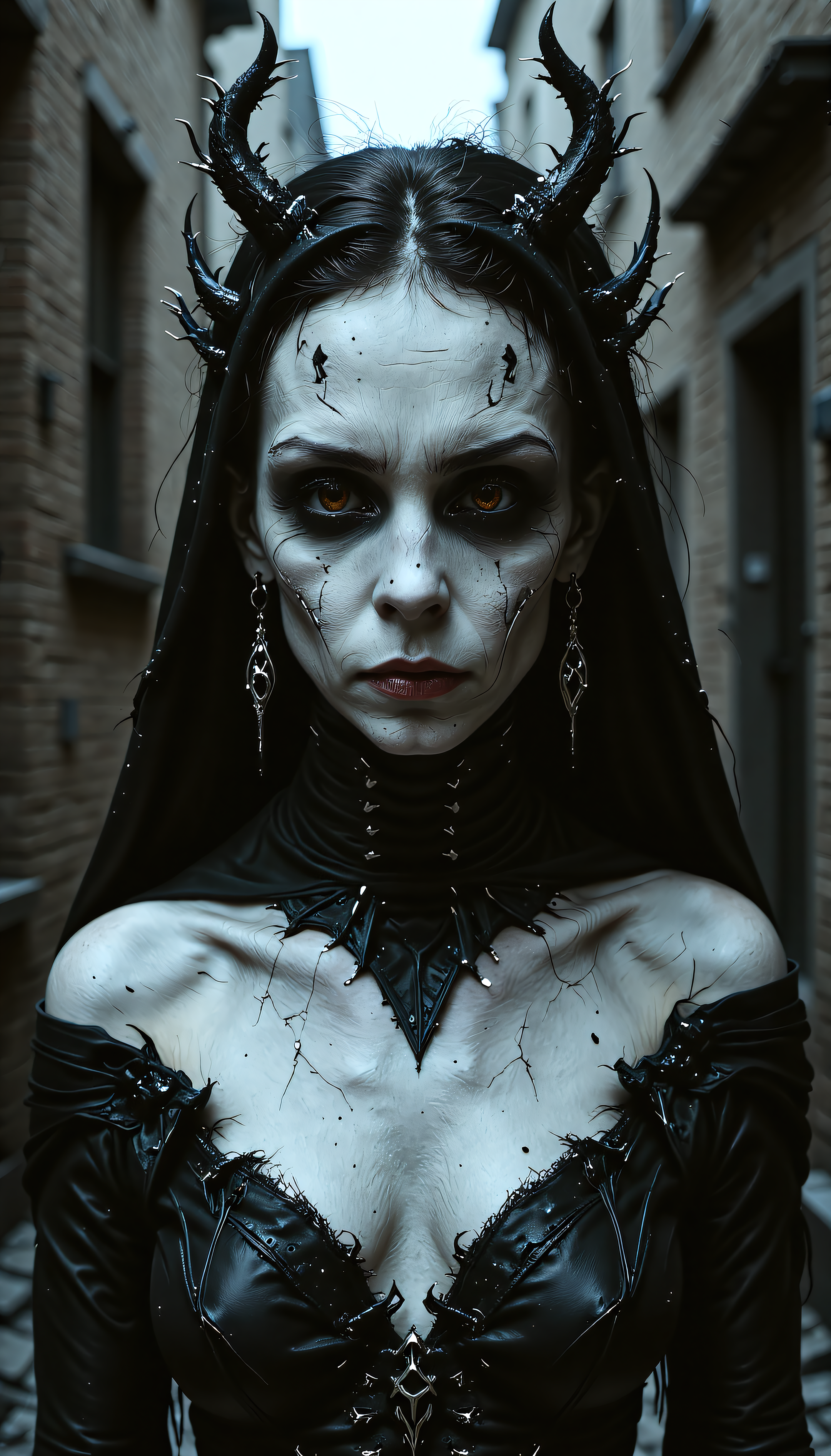 devast8, Masterpiece,half-body shot,an elegant 24-year-old vampire girl,realistic skin blemishes,mystique amidst the shadows,elegance and gothic allure,Ethereal beauty,slim body,perfect face,piercing eyes,red iris,aggressive,porcelain complexion,accentuated by eyes that gleam,outdoor,dark alley,dark mood,subtle smirk on her lips,pretty features,amazing beauty,Royo,Bak,from below,cinematic angle,