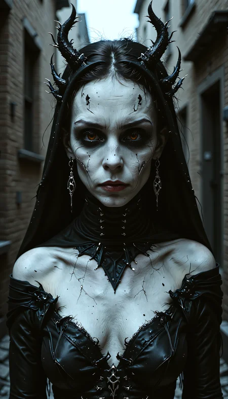 devast8, Masterpiece,half-body shot,an elegant 24-year-old vampire girl,realistic skin blemishes,mystique amidst the shadows,elegance and gothic allure,Ethereal beauty,slim body,perfect face,piercing eyes,red iris,aggressive,porcelain complexion,accentuated by eyes that gleam,outdoor,dark alley,dark mood,subtle smirk on her lips,pretty features,amazing beauty,Royo,Bak,from below,cinematic angle,