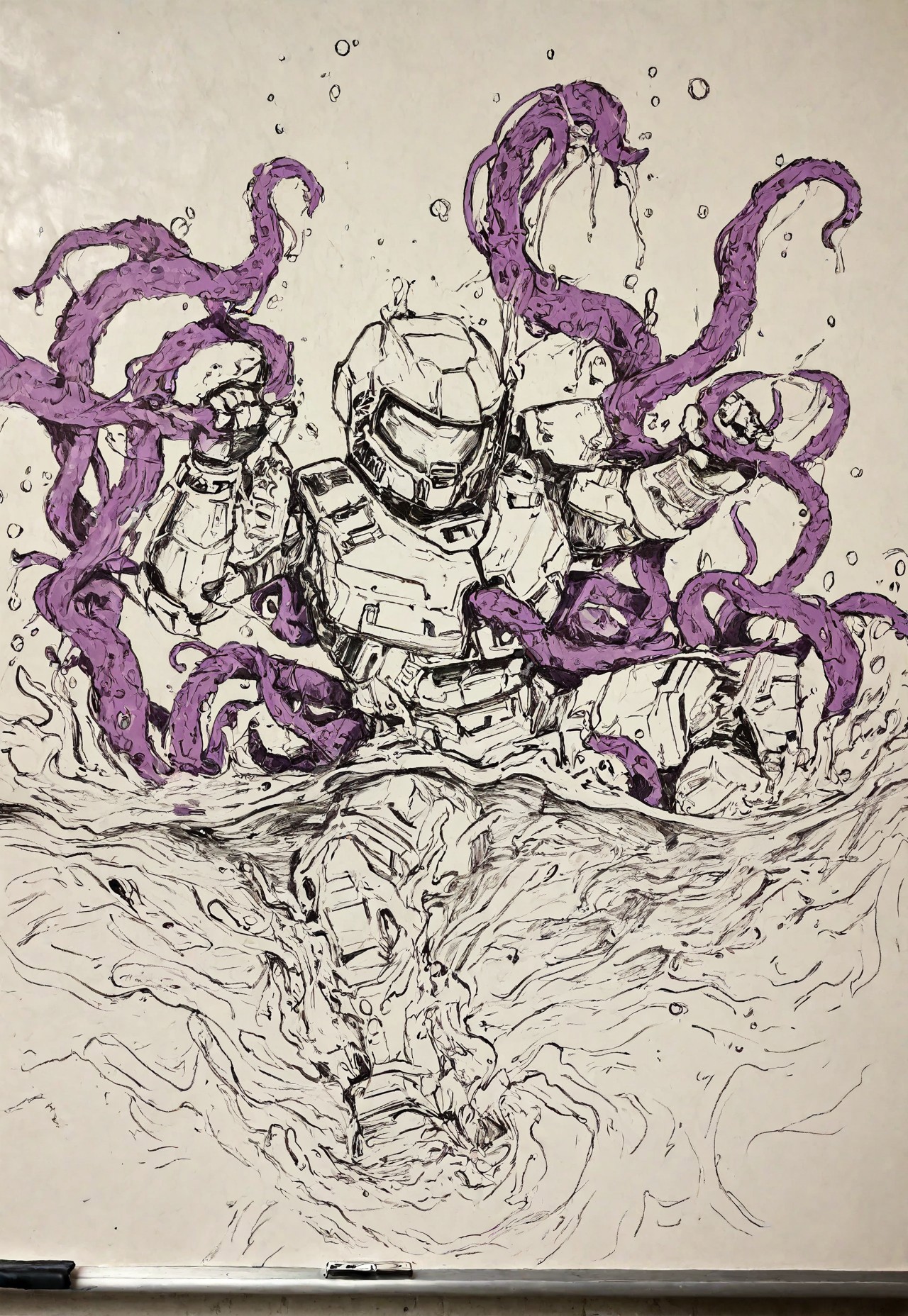 masterpiece, best quality, amazing quality, very aesthetic, absurdres, newest, detailed background, white3oard, whiteboard background, (sketch:1.2), 1boy, solo, portrait, uncolored master chief, uncolored spartan armor, tentacles, in water, drowning, submerged, battle, fighting stance, grabbing tentacle, traditional media, green lineart, spot color, purple tentacles