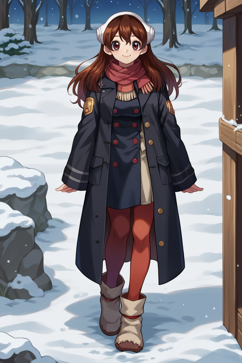 score_9, score_8_up, score_7_up, score_6_up, source_anime, BREAK 1girl, solo,  <lora:dsyuzu-pdxl-nvwls-v1-000005:1> dsyuzu, brown hair, headphones, long hair, medium breasts, red scarf, black peacoat, black coat, red pantyhose, buttons, boots, winter, snow, looking at you, smile, night