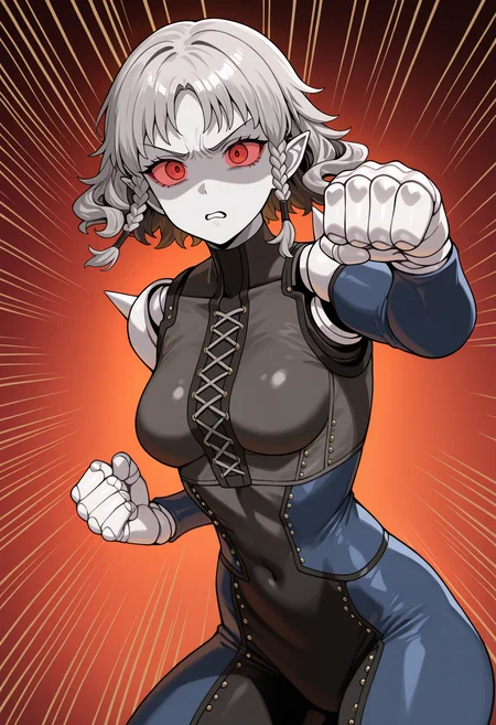 1girl, cosplay, looking at viewer, disgust, punching, clenched hand, incoming attack, emphasis lines, v-shaped eyebrows, <lora:AgratSMT-illu:1> agrat, grey hair, short hair, curly hair, twin braids, grey skin, red eyes, red sclera, pointy ears, doll joints, medium breasts, skin tight, (niijima makoto:0.85), two-tone bodysuit, shoulder spikes, cross-laced clothes, simple background, masterpiece, best quality, good quality, newest
