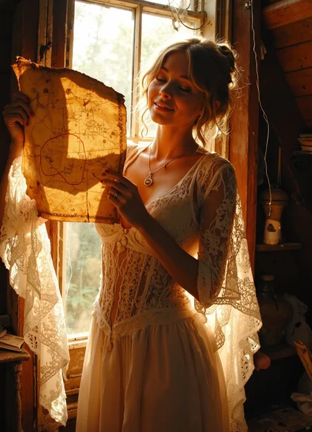 glamorous photo (photorealistic, UHD, shot on a Sony A7III, optimal photography, natural lighting) (full body shot:1.95)
Lily, with intricate lace dress and wistful expression, holds up a worn, yellowed treasure map with fervent excitement, as warm, golden sunlight filters through the dusty, cobweb-covered attic window, casting a sense of nostalgia and adventure. . high fashion, luxurious, extravagant, stylish, sensual, opulent, elegance, stunning beauty, professional, high contrast, detailed