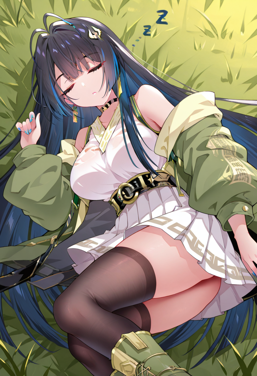 <lora:Liu_Feixue:1>, Liu Feixue, 1girl, solo, very long hair, black hair, multicolored hair, blue hair, ahoge, bangs, antenna hair, hair ornament, red eyes, large breasts, bare shoulders, blue nail polish, earring, green jacket, white shirt, black choker, black belt, white skirt, pleated skirt, black thighhighs, green boots, lying on grass, lying on side, zzz, sleeping, eyes closed, parted lips, head on grass, outside, grass, frontal angle