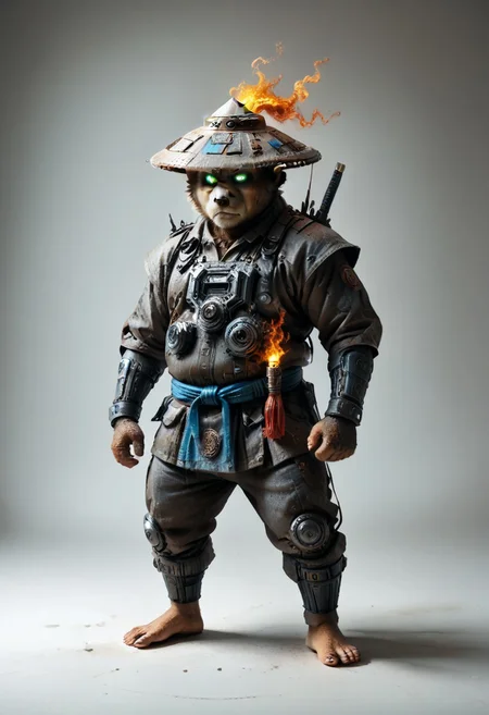 masterpiece, best quality, newest,
eyecatching composition, dynamic pose, dynamic angles, detailed background of bamboo forest, Asian conical hat, strawhat, obsidian conical hat,
A Shadow faster than the light
Like cosmic fire his presence is
Shining in the night
Born from high technology
Too fast for human eyes to see
A soldier made of cyber steel
Create to kill the enemy
By neutreon power he is ready to strike
Can you feel the fire
See the anger in his burning eyes
He's the Super Sonic Samurai
By jetpack power he's ready to fly
He's the Super Sonic Samurai
Laser Katana high up to the sky
For the Super! Sonic Samurai!
((barefoot plantigrade furry male, panda bear, chubby)), (((jade fur)))