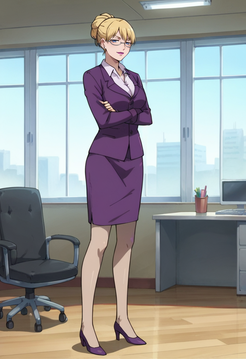score_9,score_8_up,score_7_up,score_6_up,score_5_up,score_4_up,anime coloring,source_anime,<lora:Brita_Darker_than_Black_Pony:0.7>,brita,1girl,solo,blue eyes,blonde hair,hair up,glasses,earrings,lipstick,dress shirt,purple jacket,purple skirt,pantyhose,high heels,smug,crossed_arms,standing,indoors,office,looking_at_viewer,