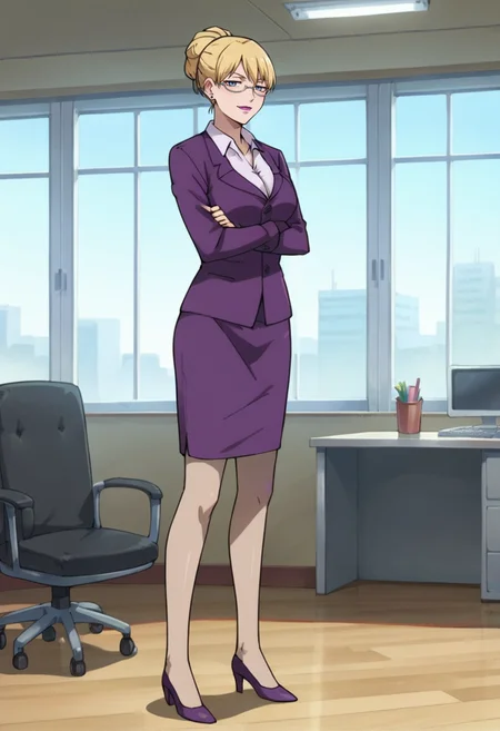 score_9,score_8_up,score_7_up,score_6_up,score_5_up,score_4_up,anime coloring,source_anime,<lora:Brita_Darker_than_Black_Pony:0.7>,brita,1girl,solo,blue eyes,blonde hair,hair up,glasses,earrings,lipstick,dress shirt,purple jacket,purple skirt,pantyhose,high heels,smug,crossed_arms,standing,indoors,office,looking_at_viewer,