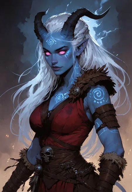 safe_pos, score_9, score_8_up, score_7_up, BREAK,
1girl, portrait, beautiful, tiefling shaman, white hair, (long hair:1.3), side bangs, horns, barbarian, gladiator, war paint, tribal markings, long tail, blue skin, pink eyes, glowing eyes, (smug:0.85), (big breast:1.25), dramatic lights
<lora:Fant5yP0ny:0.6> <lora:fantasy_world_pony:0.9> <lora:Cherry-Gig:0.55>