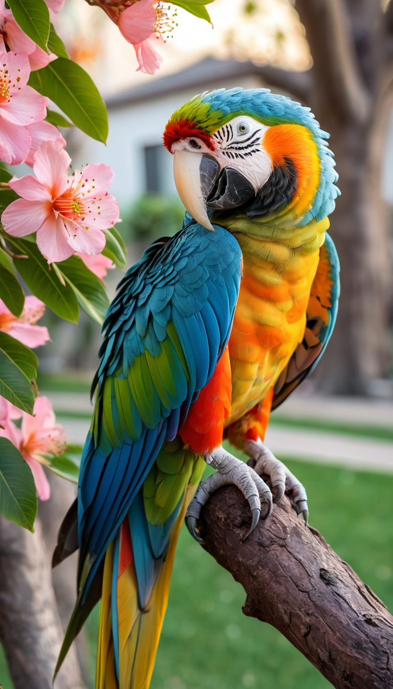 closeup photo of colorful parrot, big eyes, detailed legs, blooming tree, early morning,