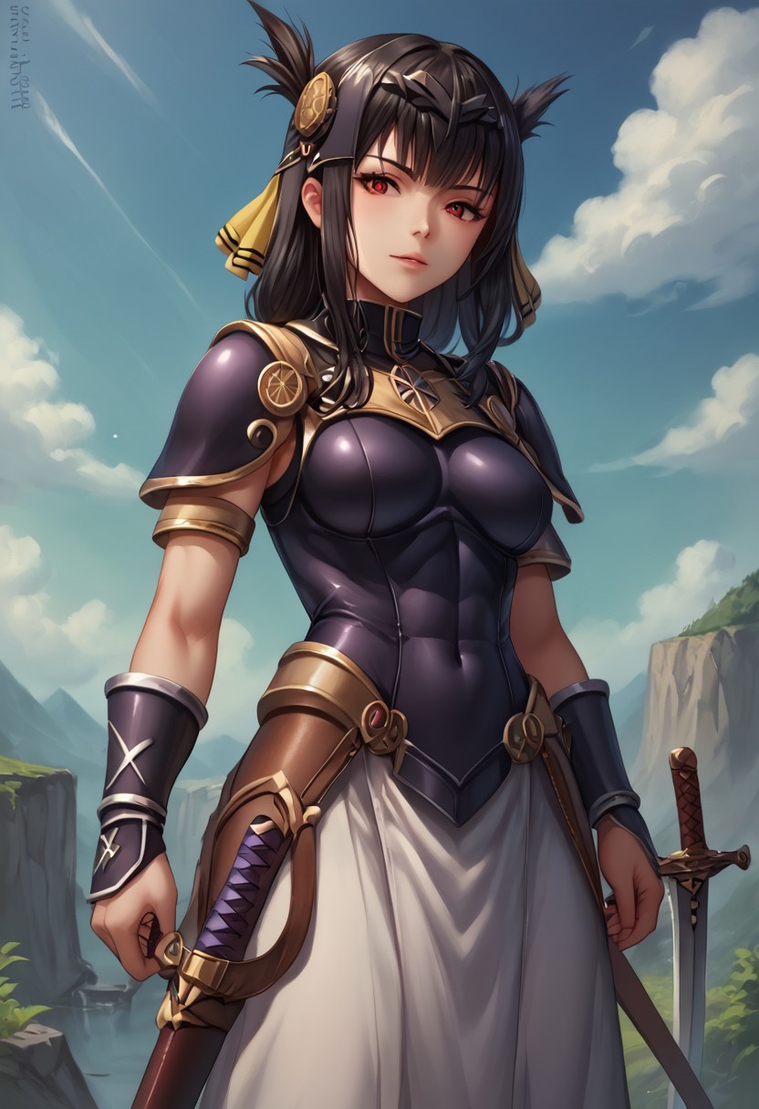 score_9, score_8_up, score_7_up, detailed, intricate details, chromatic aberration, realistic, veins source_anime, kuroinukaguya, , (best quality) , (highly detailed) ,((masterpiece)), ((best quality)), (ultra-detailed), ((extremely detailed)), (high resolution), 4K, (8K), best quality, (beautiful), (dynamic lighting), (super detailed skin), sharp focus, (1_girl, solo focus), score_9,score_8_up,score_7_up,anime coloring BREAK source_anime,anime, hrist \(v@lkyrie prof1le\), , red eyes, black hair, long hair, Very Long Hair, Dark Hair, Dark Black Hair, Raven Black Hair, Black Hair, (outdoors:1.5, sky:1.5, airwalking:1.5, holding weapon:1.5, sword:1.5, blue sky:1.5, clouds:1.5), LennethVP, braid, single braid, Black armor, armored dress, winged helmet, pauldrons, gauntlets, greaves, armor, valkyrie, cuirass, vambraces, shoulder armor, turtleneck, black hair, long hair, white skirt, pelvic curtain Face Focus, Upper Body detailed eyes、detailed face and detailed skin <lora:add-detail-xl:1.0>