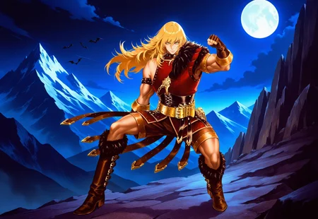 safe_pos, masterpiece, best quality, amazing quality, very aesthetic, absurdres, newest, chronsimonilxl, 1boy, male focus, muscular, long hair, blonde hair, single armband, fur lined shoulder armor, studded brown leather armor, brown leather shorts, gold belt, straps, brown belt straps, fingerless gloves, choker, fur lined boots, full body, ((action pose)), ((dynamic pose)), mountain, dark mountain backdrop, night, moon, bats, looking at viewer