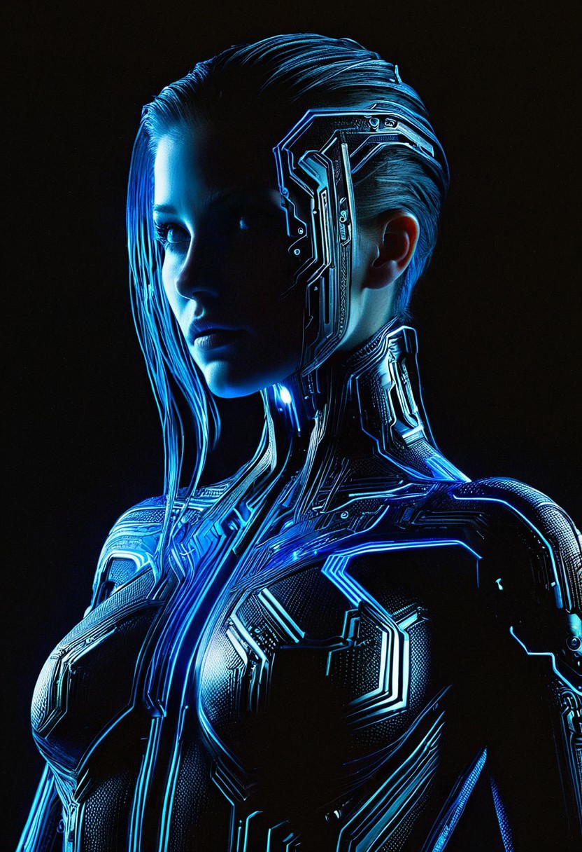 A lone woman, hyper-realistic and intricately detailed, fills the frame with her upper body, adorned in a circuit-inspired outfit that blends organic and synthetic elements, with glowing blue wires and microchips embedded in her skin, set against a dark, gradient background with soft, cinematic lighting, in the style of a futuristic digital painting, with a slight shoulder-angle camera perspective, emphasizing her enigmatic gaze and the mesmerizing, high-tech attire that seems to pulse with an inner light.