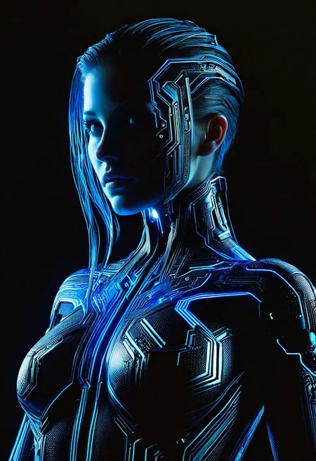 A lone woman, hyper-realistic and intricately detailed, fills the frame with her upper body, adorned in a circuit-inspired outfit that blends organic and synthetic elements, with glowing blue wires and microchips embedded in her skin, set against a dark, gradient background with soft, cinematic lighting, in the style of a futuristic digital painting, with a slight shoulder-angle camera perspective, emphasizing her enigmatic gaze and the mesmerizing, high-tech attire that seems to pulse with an inner light.