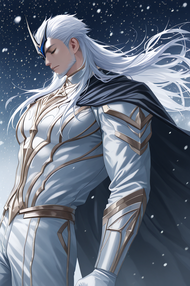 realistic shading, dark environment, dim lighting, expressive face, looking down, pierrogi, white_pierrogi_facial hair, white_pierrogi_long hair, black-blue-gold_pierrogi_one eye mask, closed eyes, manly, 1boy, serious, cowboy shot, standing, white armor, shirt, white gloves, white pants, black cape, snowflake, dark cold outdoors, snowing, winter, windy, floating hair, floating cape, from side, dutch angle, dynamic angle, depth of field, atmospheric perspective, intricately detailed illustration, masterpiece, best quality, amazing quality, very aesthetic, absurdres, newest