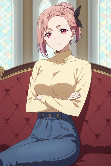 score_9, score_8_up, score_7_up, source_anime, 1girl, prefect lighting, very aesthetic, intricate details, highly detailed background, masterpiece, high quality, prefect hands, best quality, solo,
<lora:Tsubame_Kaguya-sama_Love_Is_War_V1:.85>, KJOtsubame, pink hair, pink eyes, hair bun, hair bow,
high waist jeans, turtleneck sweater, long sleeves,
sitting on couch, crossed legs, crossed arms, head tilt, seductive smile,
mansion, pillars, tile floor, red couch,
(Beautiful, medium Breasts:1.2), natural breasts,
