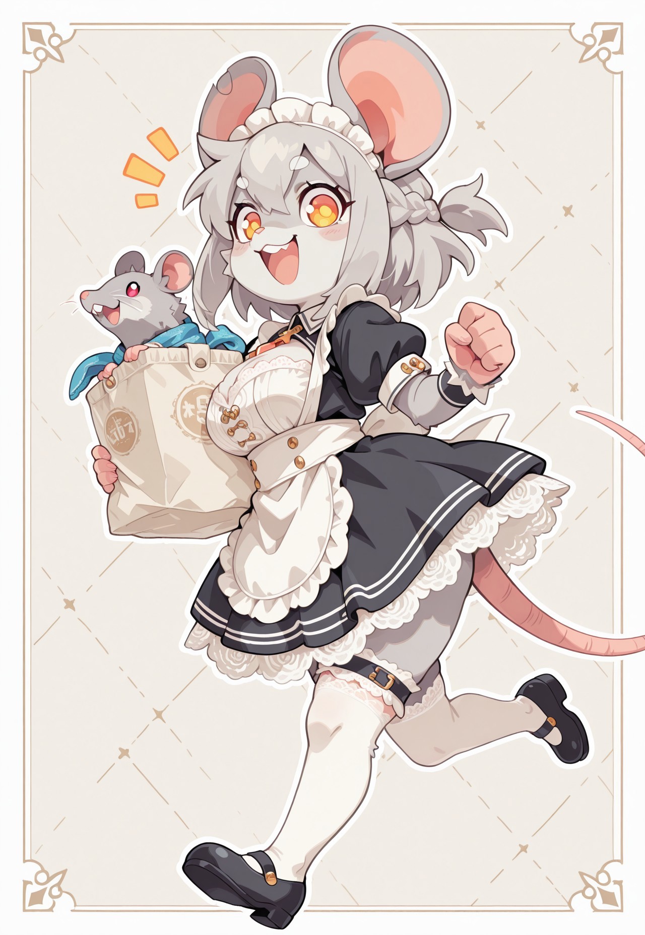 perfect eyes, S4bit4mago_illu, anime style, s0wasow4rt_illu, masterpiece, newest, highres, score_9, score_8_up, score_7_up, Nameless_Style, rat girl, _Style, rat, furry:1.2, Cartoon_Type, curvy, fluffy1.3, shortstack rat girl, large chest, lace styled dress, maid outfit, short skirt, (close up:2.3), panoramic view, french braid hair, thick white outline, white stockings, curvy, white lace, short sleeves, thigh garter, face focus, holding laundry bag, fabric, intricate lace, intricate details:1.2, long dress, gray fur, stockings, running, in motion, from side, , rat tail,, confident, happy, excited, proud, dynamic angle, calm, hand on dress hem, countershade fur, stylish, pose, high quality, cute background,