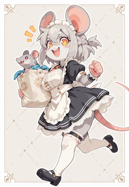 perfect eyes, S4bit4mago_illu, anime style, s0wasow4rt_illu, masterpiece, newest, highres, score_9, score_8_up, score_7_up, Nameless_Style, rat girl, _Style, rat, furry:1.2, Cartoon_Type, curvy, fluffy1.3, shortstack rat girl, large chest, lace styled dress, maid outfit, short skirt, (close up:2.3), panoramic view, french braid hair, thick white outline, white stockings, curvy, white lace, short sleeves, thigh garter, face focus, holding laundry bag, fabric, intricate lace, intricate details:1.2, long dress, gray fur, stockings, running, in motion, from side, , rat tail,, confident, happy, excited, proud, dynamic angle, calm, hand on dress hem, countershade fur, stylish, pose, high quality, cute background,