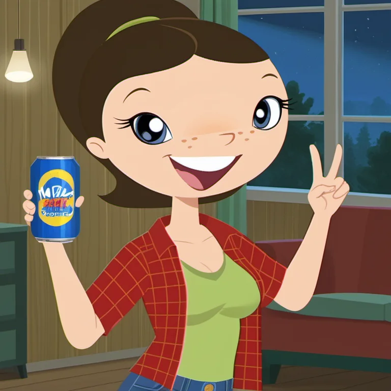 score_9, solo, 1girl, wwl1, aged up, blue eyes, open smile, wink, freckles, brown hair, tongue out, looking at viewer, jeans, unbuttoned red flannel shirt, green t-shirt, ponytail, long hair, medium breasts, v, retro artstyle, indoors, night, <lora:wwl1-000009:1>,  living room, holding 1 can, fairy lights strung haphazardly, collage dorm, warm festive tones,