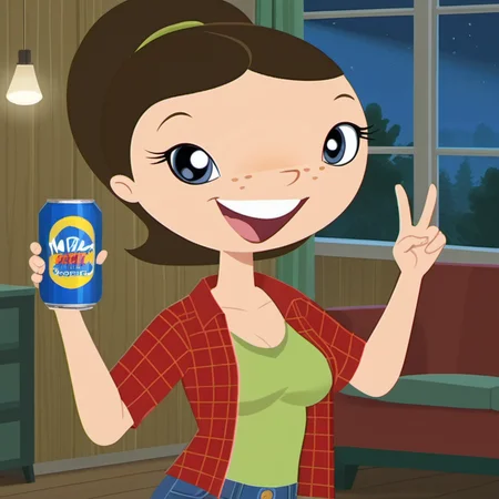 score_9, solo, 1girl, wwl1, aged up, blue eyes, open smile, wink, freckles, brown hair, tongue out, looking at viewer, jeans, unbuttoned red flannel shirt, green t-shirt, ponytail, long hair, medium breasts, v, retro artstyle, indoors, night, <lora:wwl1-000009:1>,  living room, holding 1 can, fairy lights strung haphazardly, collage dorm, warm festive tones,