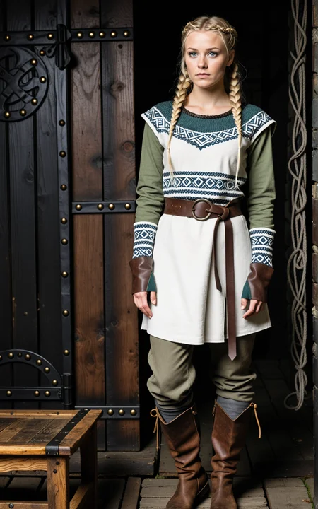 1girl,Viking, Torvi from the TV series Vikings, Georgia Hirst, 32yo, narrow nose, blonde hair, long hair, several braided pigtails, hair accessories, blue eyes, trained body, medium breasts, A travel ready ensemble in frost white, basalt gray, and pine green, featuring a layered woolen tunic with reinforced leather shoulders. The tunic is secured with a hand braided cord belt, while the sleeves are fastened with bronze spiral cuffs. Paired with fitted linen trousers and ankle wrapped hide boots.,