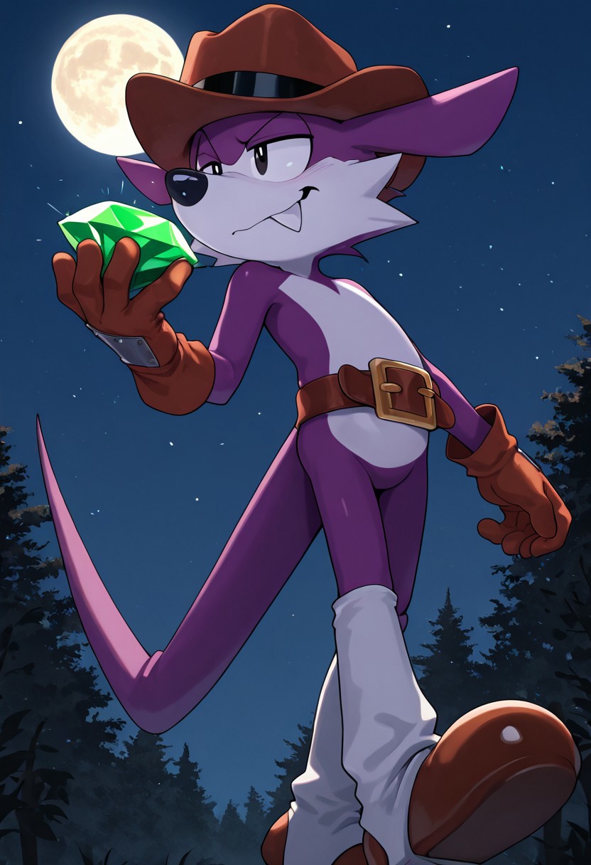 masterpiece, best quality, amazing quality, high detail, absurdres, solo, male, Fang the sniper, stetson hat, belt, gaiters, boots, Outback, Savana, dynamic, gemstone, holding emerald, night, moon, Tarou_Band!t, looking at virewer, cocky