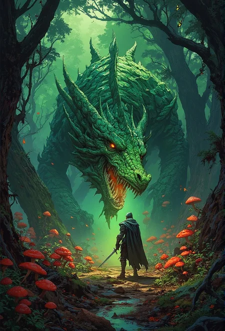 <lora:Anime v1.3.safetensors:1>
In the heart of a mystical forest, a gargantuan green dragon guards treasure as a brave knight approaches with sword in hand. The artist's vivid depiction features lush foliage, butterflies, mushrooms, and an eerie atmosphere. The scene is set amidst vibrant colors, detailed textures, and a medieval fantasy backdrop.