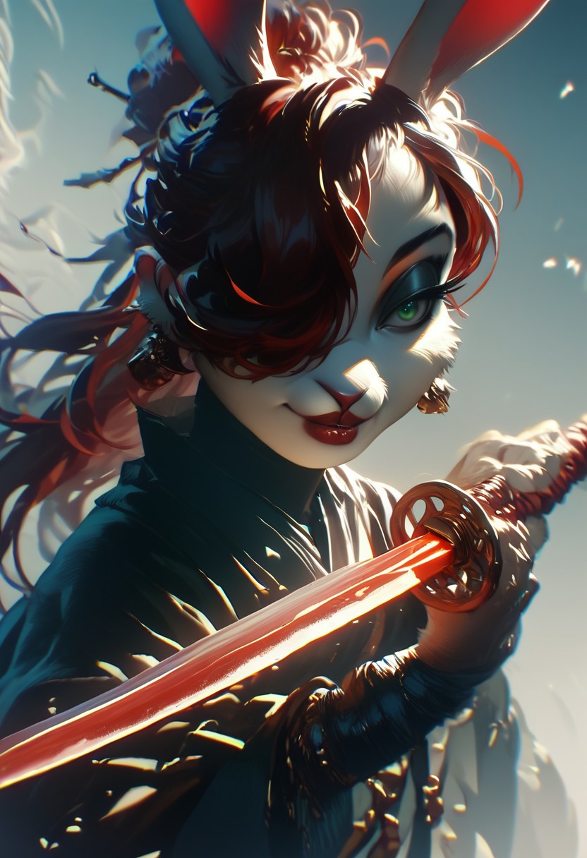 score_9, score_8_up, score_7_up, hkwarrior, Inkblast, A warrior holding a sword, realistic,1girl, red hair, long hair, hair over one eye, green eyes, lipstick, makeup, earrings,furry, solo, Cotton-Tail, rabbit, cub, rabbit tail, long rabbit ears