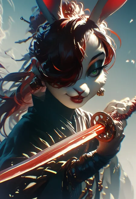 score_9, score_8_up, score_7_up, hkwarrior, Inkblast, A warrior holding a sword, realistic,1girl, red hair, long hair, hair over one eye, green eyes, lipstick, makeup, earrings,furry, solo, Cotton-Tail, rabbit, cub, rabbit tail, long rabbit ears