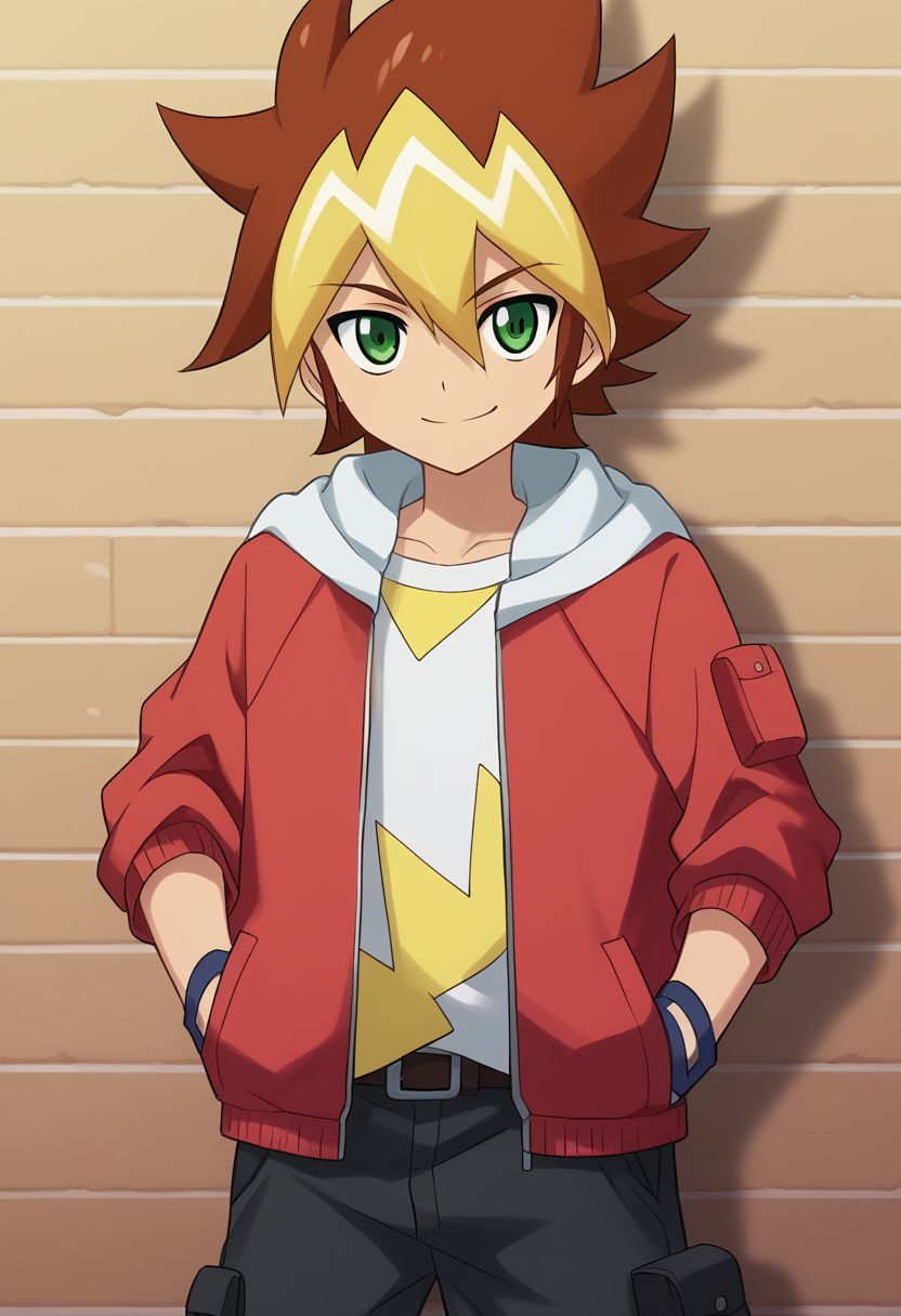score_9, score_8_up, source_anime, highly detailed, skinny, cute,
yuga, 1boy, male focus, gloves, solo, smile, fingerless gloves, shorts, holding, green eyes, jacket, multicolored hair, hood, shirt, brown hair,
hair between eyes, print shirt, red jacket, hands in pockets,
outdoor, upper body,