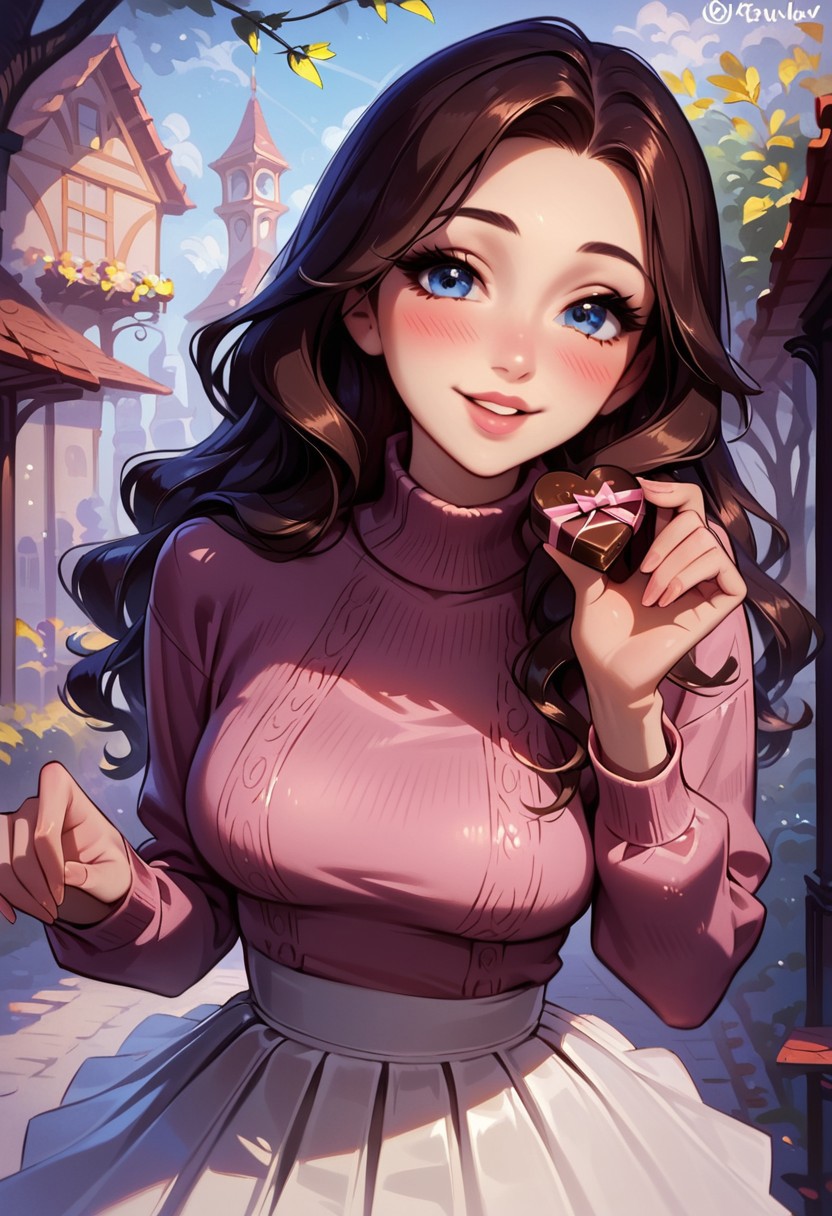 safe_pos, sexy 20 year old, ((waist long brunette hair)), straight hair, thick puffy lips, ((very thick glossy lips)), dark makeup, long eyelashes, bold eyeliner, hourglass figure, perky breast, petite, ((pink turtleneck sweater)), ((long white skirt)), lace, frills, oily skin, flirty, feminine, seductive, alluring, brat, flirting, innocent, white skin, detailed face, detailed eyes, ((big expressive light blue eyes)), score_9, score_8_up, score_8, anime, flirty pose, closeup, Valentines Day, dynamic pose, park. <lora:incoming-chocolate-ponyxl-lora-nochekaiser:1> incoming food, chocolate, holding, holding chocolate, holding food, food, looking at viewer, blush, smile