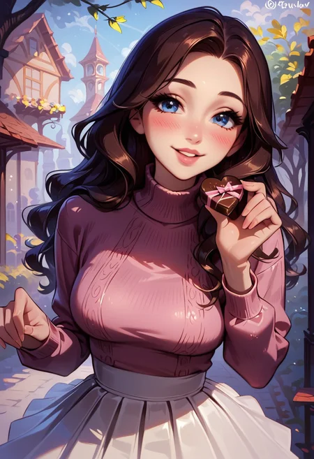 safe_pos, sexy 20 year old, ((waist long brunette hair)), straight hair, thick puffy lips, ((very thick glossy lips)), dark makeup, long eyelashes, bold eyeliner, hourglass figure, perky breast, petite, ((pink turtleneck sweater)), ((long white skirt)), lace, frills, oily skin, flirty, feminine, seductive, alluring, brat, flirting, innocent, white skin, detailed face, detailed eyes, ((big expressive light blue eyes)), score_9, score_8_up, score_8, anime, flirty pose, closeup, Valentines Day, dynamic pose, park. <lora:incoming-chocolate-ponyxl-lora-nochekaiser:1> incoming food, chocolate, holding, holding chocolate, holding food, food, looking at viewer, blush, smile