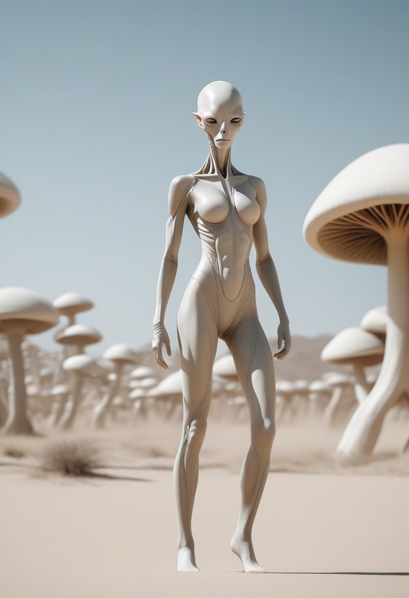 full length photo, beautiful alien woman, skin-tight plain white bodysuit, pale skin, no helmet, no gloves, white stiletto heel boots standing in a extra-terrestrial white sand desert, she is calm, surrounded by giant alien fungi, she is looking at  the viewer, her hands are cupping her breasts, bald, no hair
cinematic film still, shallow depth of field, vignette, highly detailed, high budget, bokeh, cinemascope, moody, epic, gorgeous, film grain, grainy
alienailf