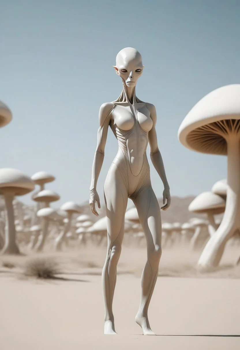full length photo, beautiful alien woman, skin-tight plain white bodysuit, pale skin, no helmet, no gloves, white stiletto heel boots standing in a extra-terrestrial white sand desert, she is calm, surrounded by giant alien fungi, she is looking at the viewer, her hands are cupping her breasts, bald, no hair
cinematic film still, shallow depth of field, vignette, highly detailed, high budget, bokeh, cinemascope, moody, epic, gorgeous, film grain, grainy
alienailf