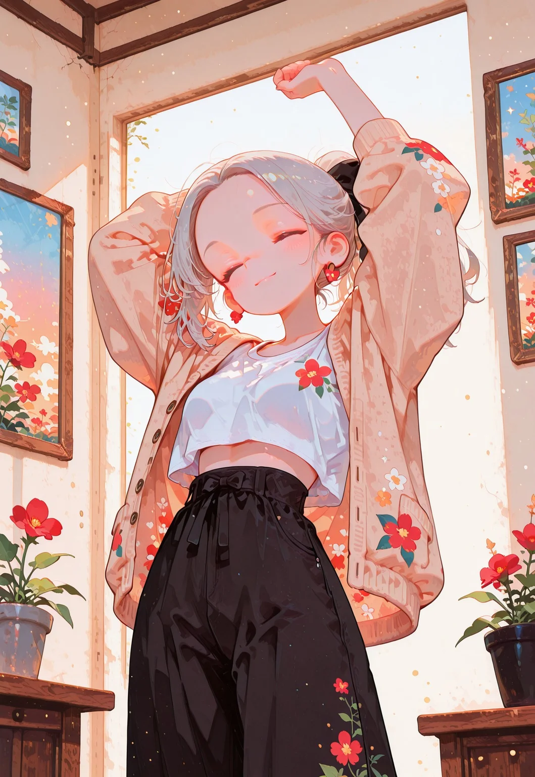 anime girl, silver hair tied in ponytail, forehead, stretching with arms behind head, soft smile, closed eyes, morning light, inside a cozy bedroom, white crop top, loose azure cardigan with red flower print, high-waisted black pants with bow, cute and casual outfit, gentle soft lighting, warm color palette, peaceful morning vibes, background plant, framed picture on wall, anime style, highly detailed, pastel tones,
fl4t,, Ethereal Brushstroke