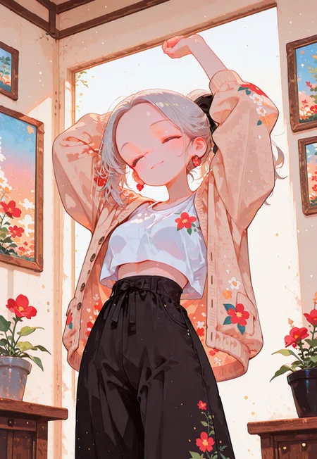 anime girl, silver hair tied in ponytail, forehead, stretching with arms behind head, soft smile, closed eyes, morning light, inside a cozy bedroom, white crop top, loose azure cardigan with red flower print, high-waisted black pants with bow, cute and casual outfit, gentle soft lighting, warm color palette, peaceful morning vibes, background plant, framed picture on wall, anime style, highly detailed, pastel tones,
fl4t,, Ethereal Brushstroke