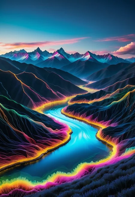 lazympos, w0gf1l,  landscape, valley, mountains made of tiny neon glass filaments, river, sky, clouds, colorful