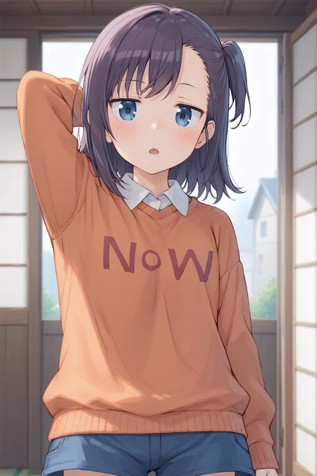 score_9, score_8_up, score_7_up, BREAK
1girl, miyauchi hikage, orange sweater, blue shorts, indoors, sliding doors, blush, arm behind head, open mouth, looking at viewer, cowboy shot, blurry, depth of field, BREAK
<lora:add-detail-xl:1>, <lora:PerfectEyesXL:0.3>, <lora:CinematicStyle_v1:0.5>, <lora:t0nym0r3XLP:0.7>, <lora:Hikage_pdxl_v1.0:0.95>