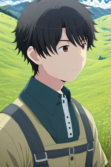 high resolution, solo, best quality, 1Boy, Portrait, Inaho Kaizuka, Black Hair, relax, sleep, meadow, hill, grass hill, cloudy,