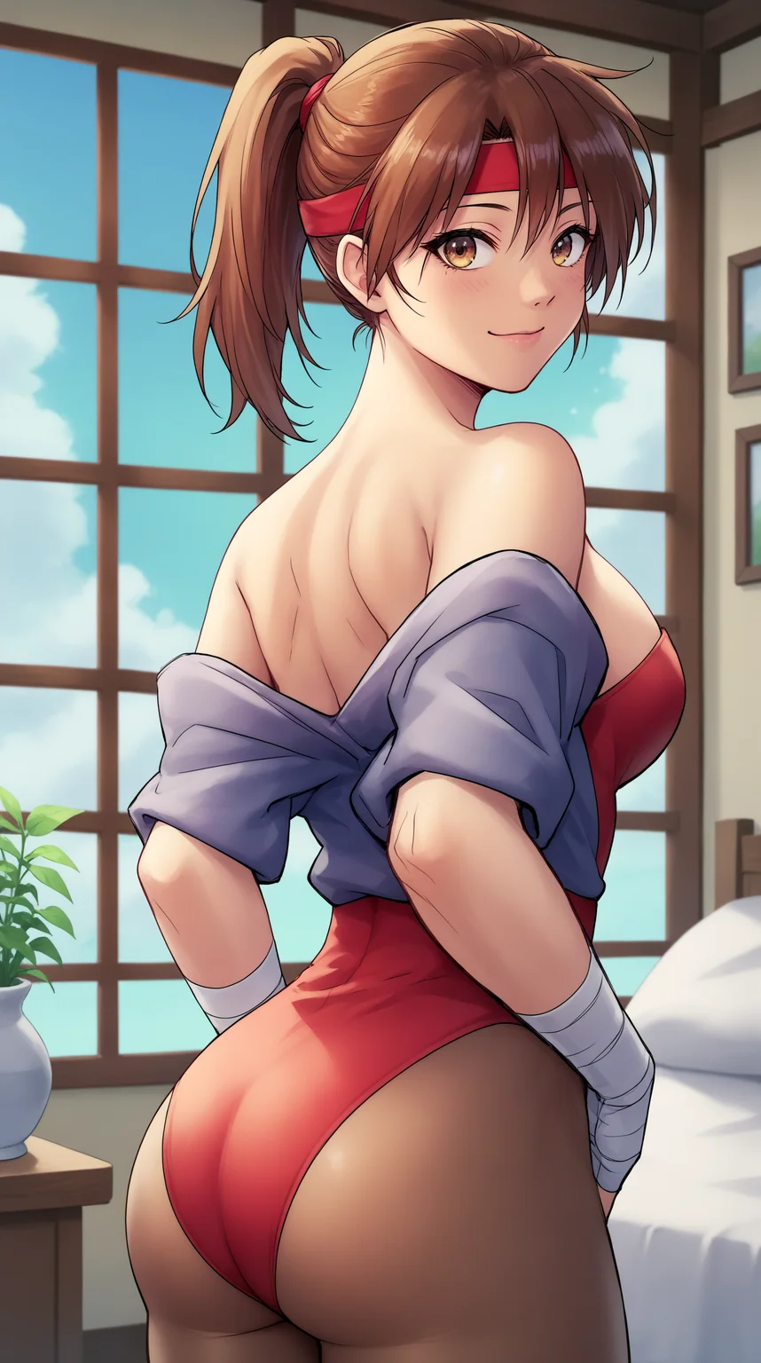 score_9, score_8_up, score_7_up,anime_source, source_anime, best background, detailed background, anime screencap, 4k, upscale, Tia Langray, Main Outfit, solo, looking at viewer, smile, closed mouth, ass, looking back, off shoulder, indoors, <lora:JN_Tia_Langray_Pony:0.8>
