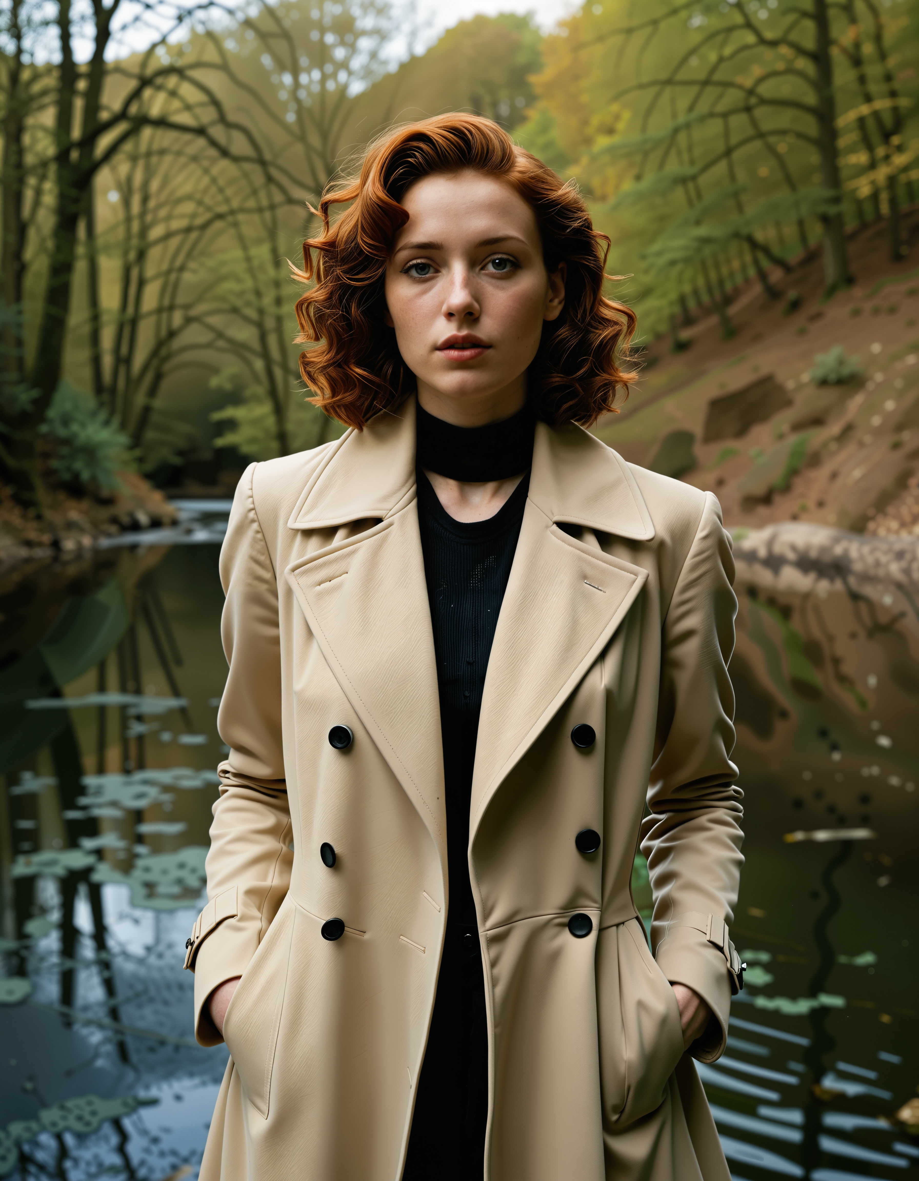 Jane_auburn, RAW full body analogue photo of a beautiful 20 years old woman, clear focus, 8K,Female Noir Detective, Paris, 1940s: 1 woman, (intelligent gaze) with [analytical mind], short styled curly hair hair, wearing a (feminine) coat with [noir] accessories, and a perceptive expression, inspired by the works of (Rene Gruau) and Jean Dubuffet, with (moody colors) and (expressive brushstrokes), characterized by (atmospheric composition) and sense of mystery, (noir atmosphere) and curious nature. ,photo Fantasy art combining the styles of Boris Vellejo and Luis Royo,Photorealistic, real photo, god rays, 1girl, 21yo,realistic, <lora:Jane_Auburn_SDXL:0.6>