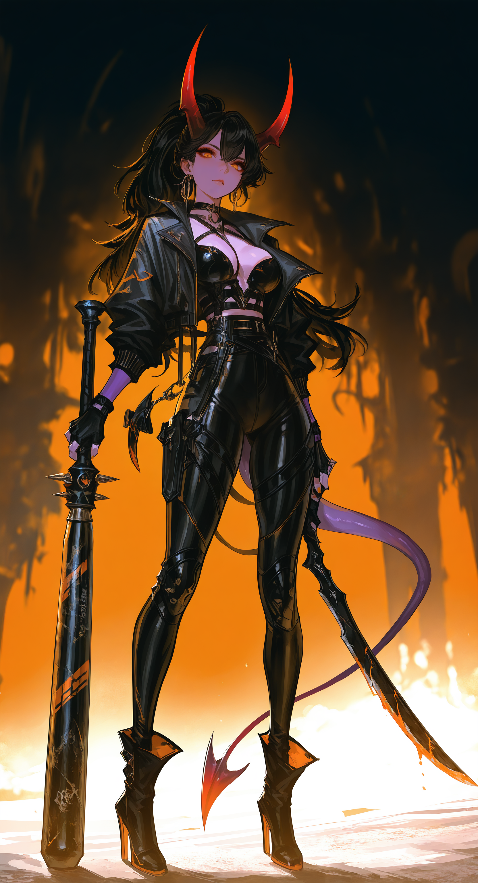 masterpiece, best quality, good quality, very aesthetic, absurdres, newest, Dutch Angle,looking_at_viewer, 1girl, solo, long_hair,large_breasts, black_hair, gloves, holding, hair_between_eyes, cleavage, jewelry, standing, jacket, tail, full_body, yellow_eyes, ponytail, weapon, earrings, boots, horns, black_gloves, choker, pants, sword, fingerless_gloves, black_footwear, holding_weapon, high_heels, fingernails, orange_eyes, colored_skin, black_pants, holding_sword, demon_girl, demon_horns, knife, demon_tail, skin_tight, high_heel_boots, contrapposto, dual_wielding, hoop_earrings, oni, holding_knife, tight_clothes, red_horns, purple_skin, baseball_bat, reverse_grip, tight_pants, club_\(weapon\), high-waist_pants, nail, holding_baseball_bat, multicolored_horns, nail_bat <lora:ponyv4_noob1_2_adamW-000017:0.7> <lora:USNR_STYLE_XL_lokr:1> <lora:GBF_Illustrious:0.6>