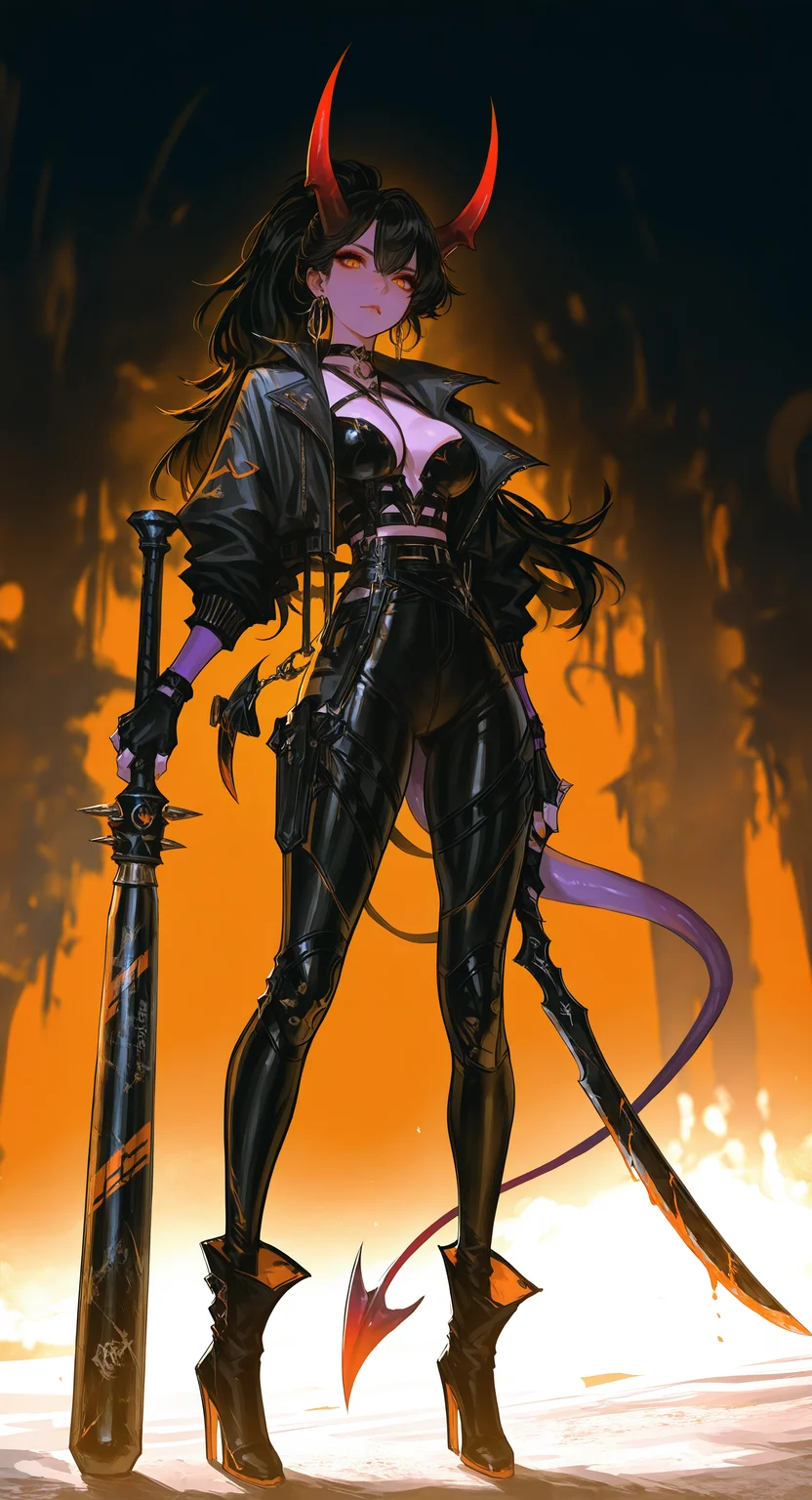 masterpiece, best quality, good quality, very aesthetic, absurdres, newest, Dutch Angle,looking_at_viewer, 1girl, solo, long_hair,large_breasts, black_hair, gloves, holding, hair_between_eyes, cleavage, jewelry, standing, jacket, tail, full_body, yellow_eyes, ponytail, weapon, earrings, boots, horns, black_gloves, choker, pants, sword, fingerless_gloves, black_footwear, holding_weapon, high_heels, fingernails, orange_eyes, colored_skin, black_pants, holding_sword, demon_girl, demon_horns, knife, demon_tail, skin_tight, high_heel_boots, contrapposto, dual_wielding, hoop_earrings, oni, holding_knife, tight_clothes, red_horns, purple_skin, baseball_bat, reverse_grip, tight_pants, club_\(weapon\), high-waist_pants, nail, holding_baseball_bat, multicolored_horns, nail_bat <lora:ponyv4_noob1_2_adamW-000017:0.7> <lora:USNR_STYLE_XL_lokr:1> <lora:GBF_Illustrious:0.6>