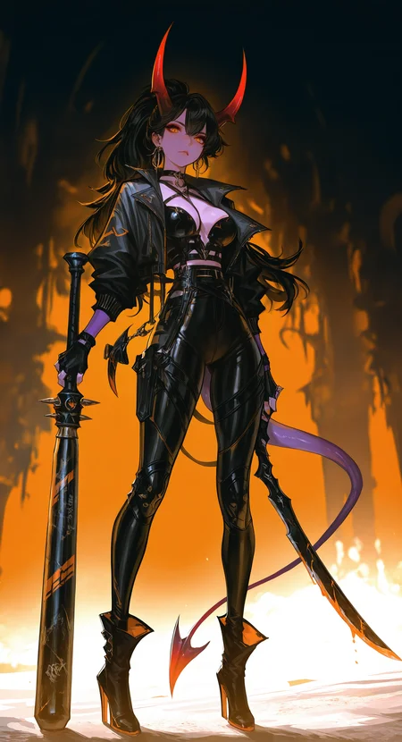 masterpiece, best quality, good quality, very aesthetic, absurdres, newest, Dutch Angle,looking_at_viewer, 1girl, solo, long_hair,large_breasts, black_hair, gloves, holding, hair_between_eyes, cleavage, jewelry, standing, jacket, tail, full_body, yellow_eyes, ponytail, weapon, earrings, boots, horns, black_gloves, choker, pants, sword, fingerless_gloves, black_footwear, holding_weapon, high_heels, fingernails, orange_eyes, colored_skin, black_pants, holding_sword, demon_girl, demon_horns, knife, demon_tail, skin_tight, high_heel_boots, contrapposto, dual_wielding, hoop_earrings, oni, holding_knife, tight_clothes, red_horns, purple_skin, baseball_bat, reverse_grip, tight_pants, club_\(weapon\), high-waist_pants, nail, holding_baseball_bat, multicolored_horns, nail_bat <lora:ponyv4_noob1_2_adamW-000017:0.7> <lora:USNR_STYLE_XL_lokr:1> <lora:GBF_Illustrious:0.6>