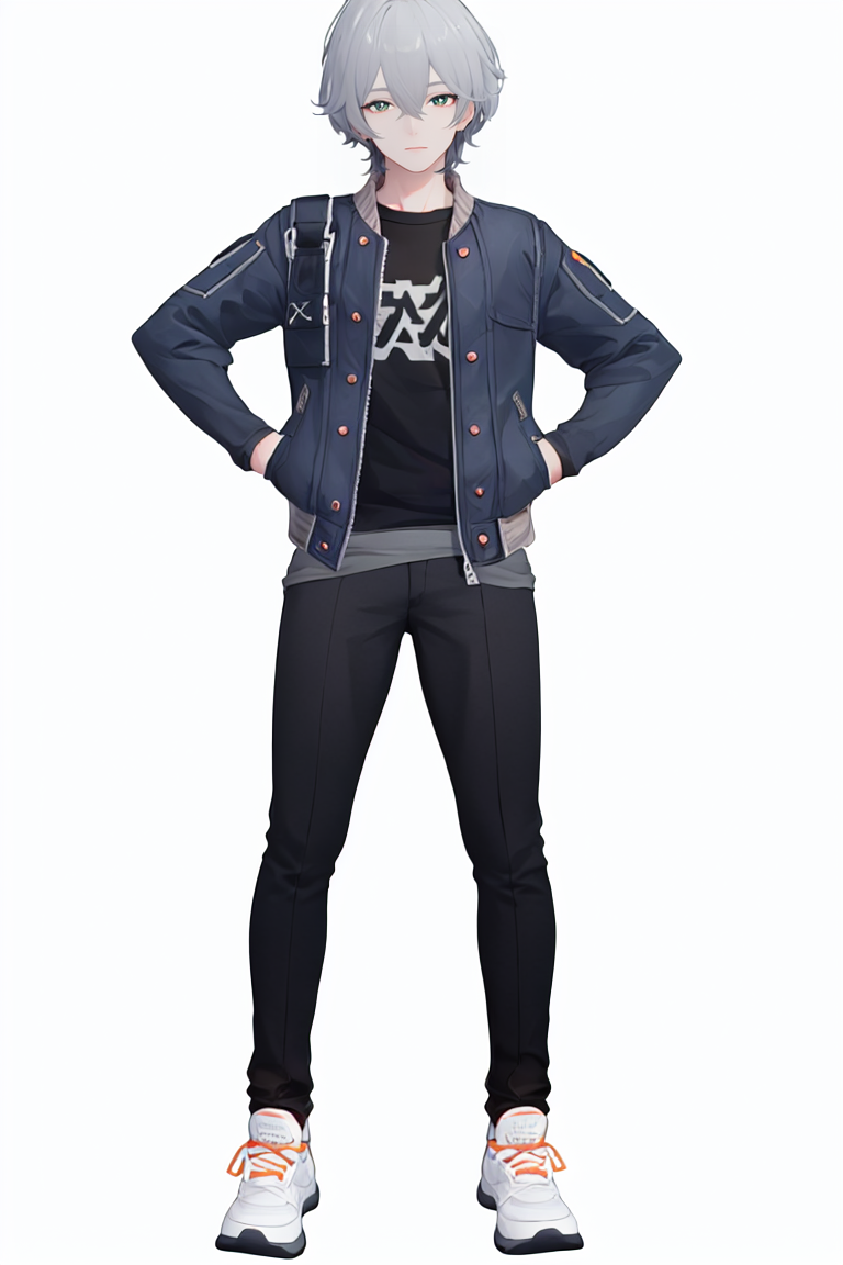8k, best quality, masterpiece, (ultra-detailed), (high detailed skin), 
(full body:1.25), (white background:1.5), (simple background), standing, looking at viewer, (solo:1.2), hands on hips, 
<lora:zhe-lin-sd-Tanger:0.8>,  zhe, zhe's clothes, 1boy, solo, male focus, jacket, sneakers, grey hair, pants, detailed eyes, green pupils,