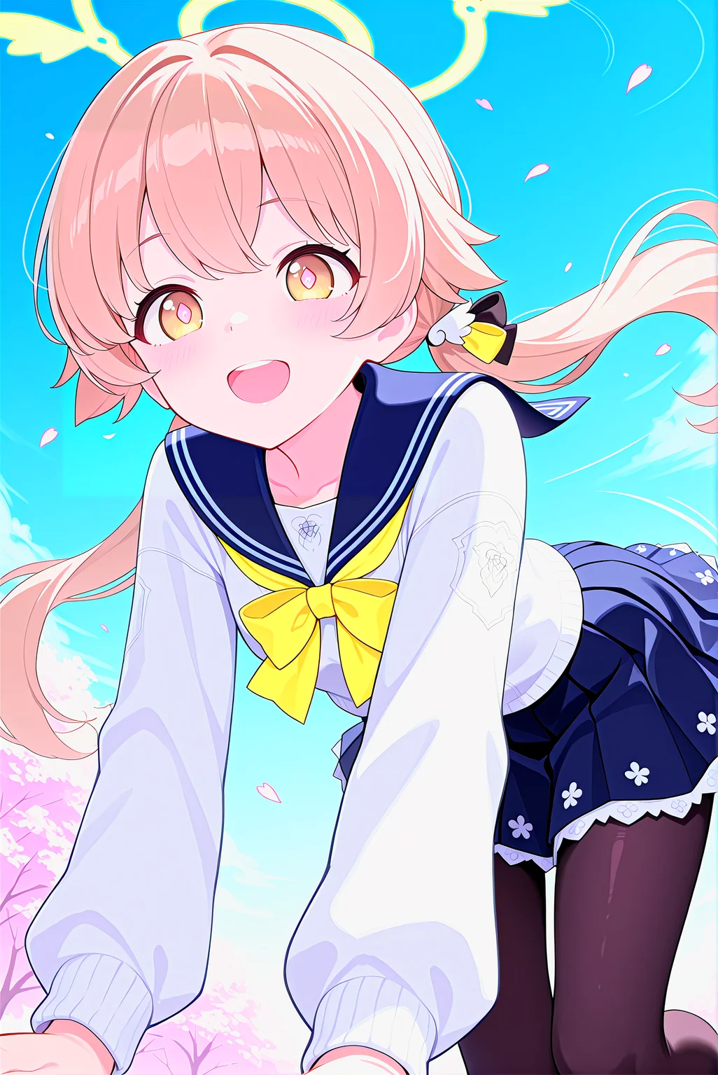 beautiful_detailed_eyes, masterpiece, best_quality, intricate_details, absurdres
1girl, solo
<lora:P-IL-Hifumi:1>, h1fum1
twintails, halo, yellow_eyes, low_twintails, long_hair, light_brown_hair, bangs
black_pantyhose, school_uniform, blue_sailor_collar, blue_skirt, sleeves, bow
small breasts, open mouth, smile,
((breasts in motion)), dynamic pose, intense movement, action shot, motion blur, tight outfit, dramatic perspective, low angle, close-up
cherry_blossom_trees, blue sky, vibrant_pink, petals floating,